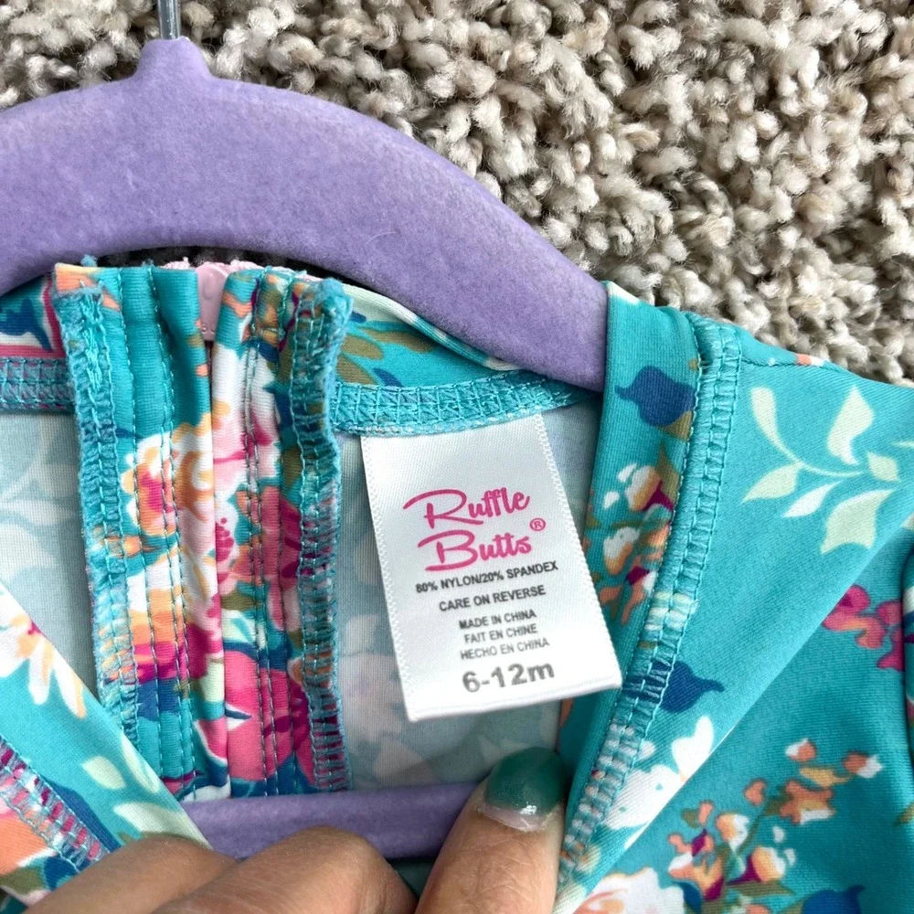 Ruffle Butts Swimsuit‎ Baby 6-12M Teal Floral Long Sleeve One Piece Rash Guard